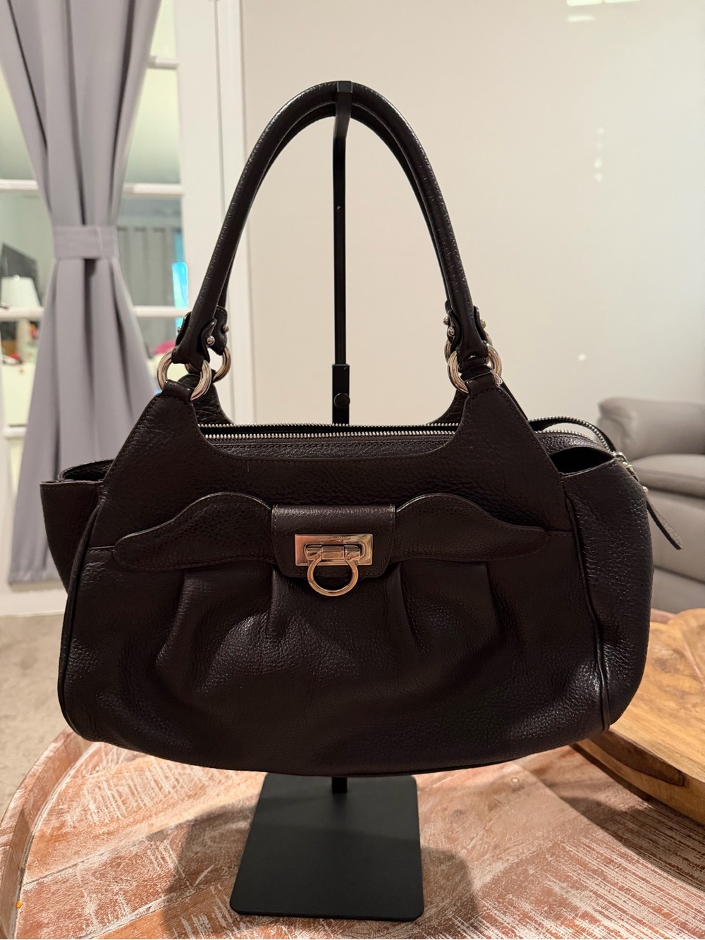 Salvatore Ferragamo Brown Leather Shoulder Bag with Gold Hardware